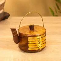 Подставка под горячее "Чайник" с золотыми вставками (набор 6 шт), 10х12х8 см,  дерево шишам