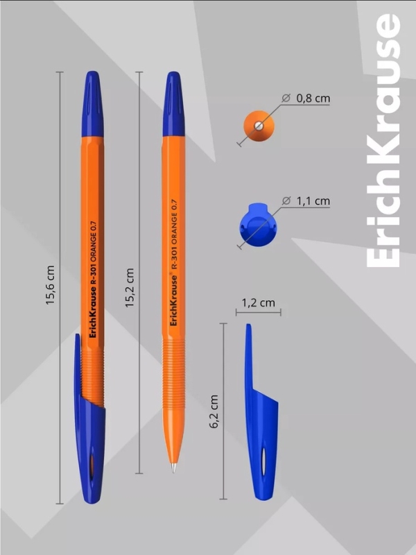 Ручка шариковая ErichKrause R-301 Orange Stick, узел 0.7 мм, чернила синие, длина линии письма 2000 метров, штрихкод на ручке