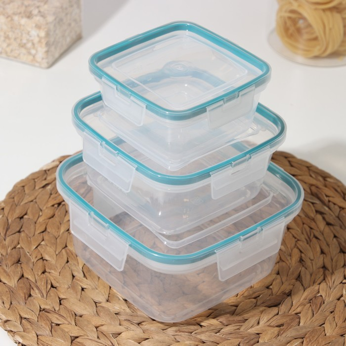 Набор контейнеров для продуктов с защёлкой, герметичная крышка, 3 шт: 400 мл, 800 мл, 1,5 л, прозрачные, крышка голубая