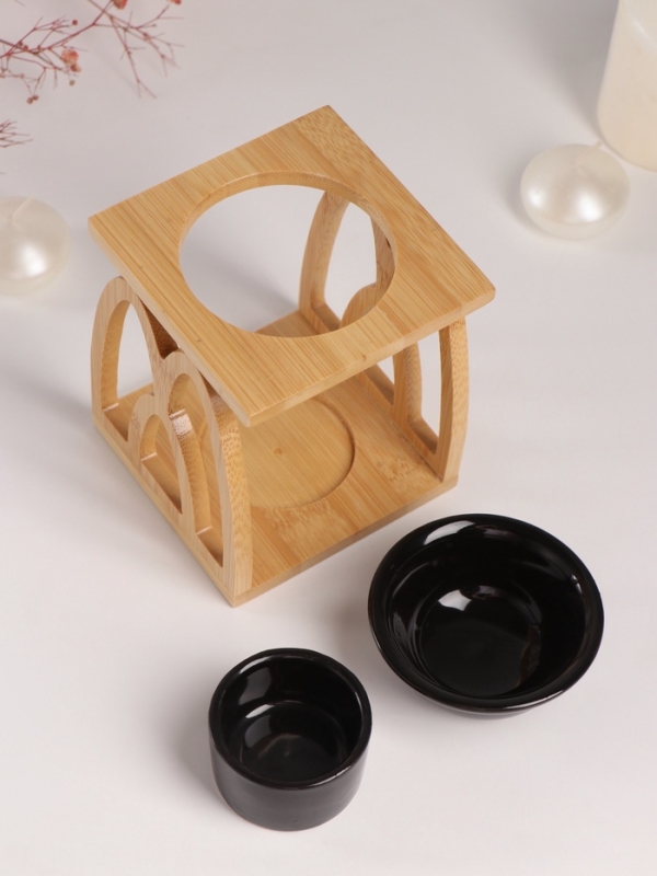 Аромалампа бамбук, керамика с подставкой под свечу "Узоры" чёрная 9,5х9,5х13,5 см