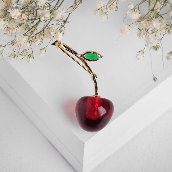 Брошь &laquo;Вишенка&raquo;, цвет бордово-зелёный в золоте