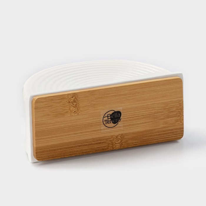 Салфетница фарфоровая на бамбуковой подставке BellaTenero, 14,5×6,5×8 см, цвет белый Салфетница фарфоровая на бамбуковой подставке BellaTenero, 14,5×6,5×8 см, цвет белый