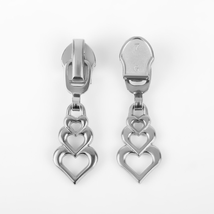 Бегунок автоматический для молнии &laquo;Спираль&raquo;, №7, декоративный &laquo;Сердца&raquo;, 10 шт, цвет никель