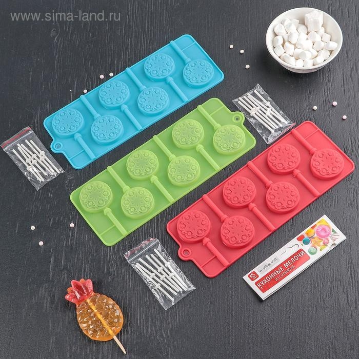 Форма для леденцов новогодняя Доляна &laquo;Морозко&raquo;, силикон, 24&times;9,5&times;1,5 см, 6 ячеек (4&times;4 см), с палочками, цвет МИКС