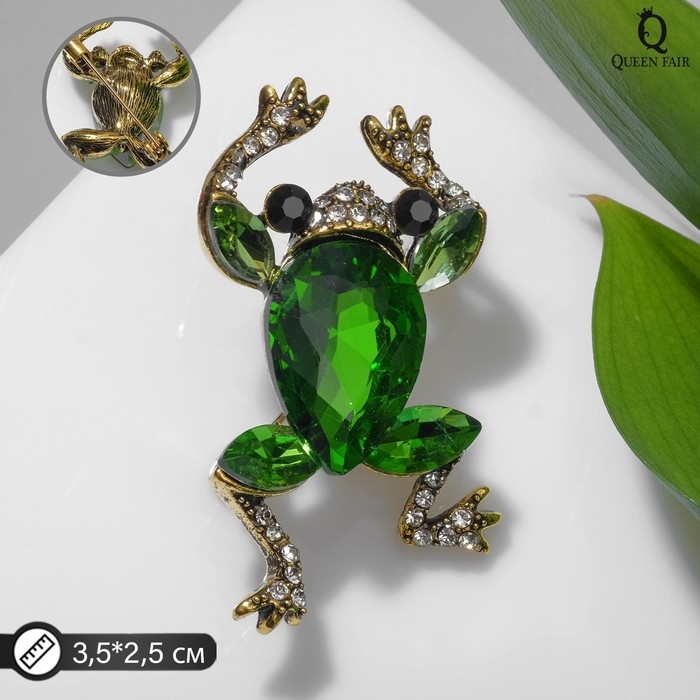 Брошь &laquo;Лягушка&raquo; драгоценная, цвет бело-зелёный в чернёном золоте