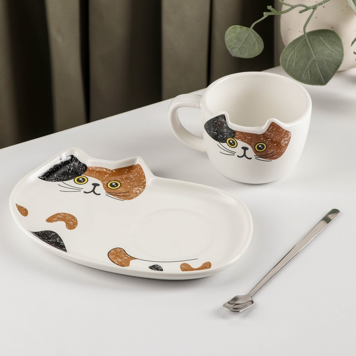 Чайная пара керамическая &laquo;Котик&raquo;, 3 предмета: чашка 200 мл, блюдце 18,5&times;13,5 см, ложка