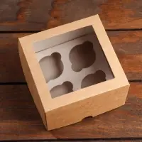 Упаковка на 4 мини - капкейка крафт с окном, 13&times;13&times;8 см