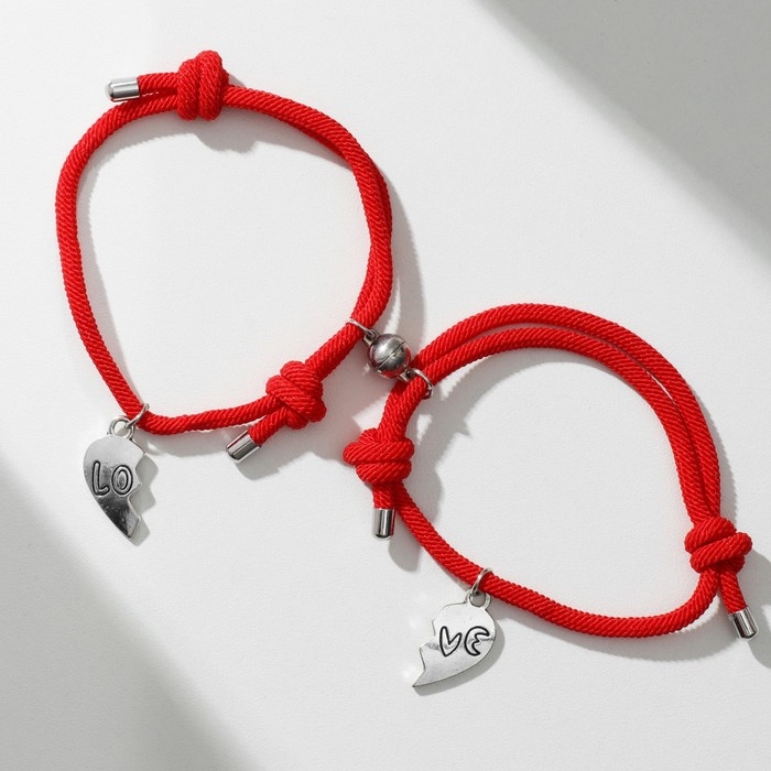 Браслеты &laquo;Неразлучники&raquo; на магнитах, сердце, цвет красный
