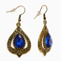 Серьги со стразми "Винтаж" капля, цвет синий в чернёном золоте