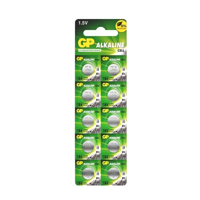 Батарейка алкалиновая GP, 186-10BL (Аналоги: LR43, G12, V12GA, 186),1.5 В, блистер,10 шт.