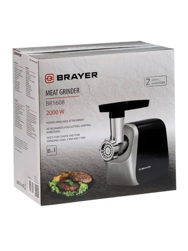 Мясорубка BRAYER 1608BR, электрическая, 2000 Вт, реверс, 3 диска, 4 насадки, 2 кг/мин