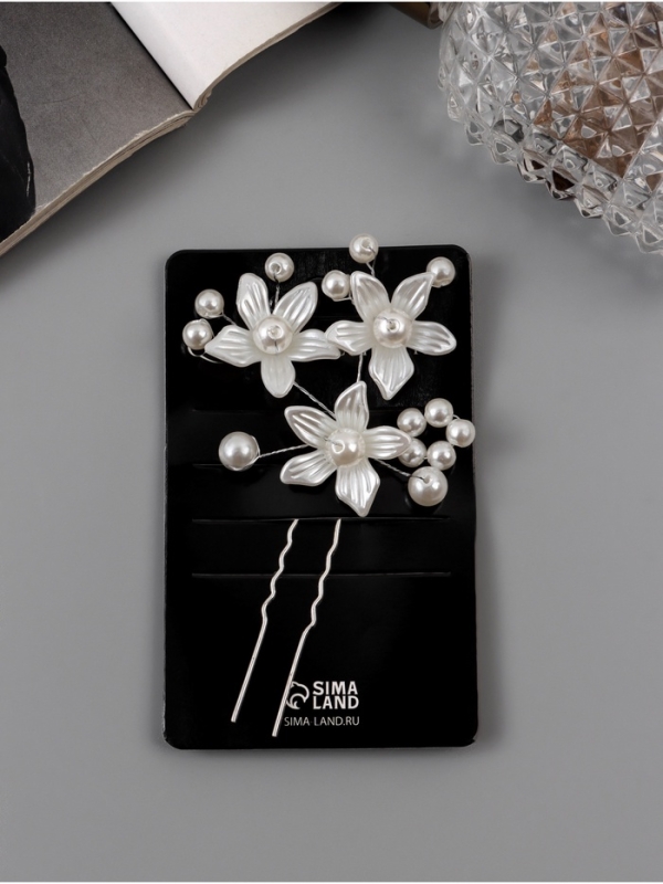 Шпилька для волос "Эмилия" цветы шарики, 8х6,5 см, белый