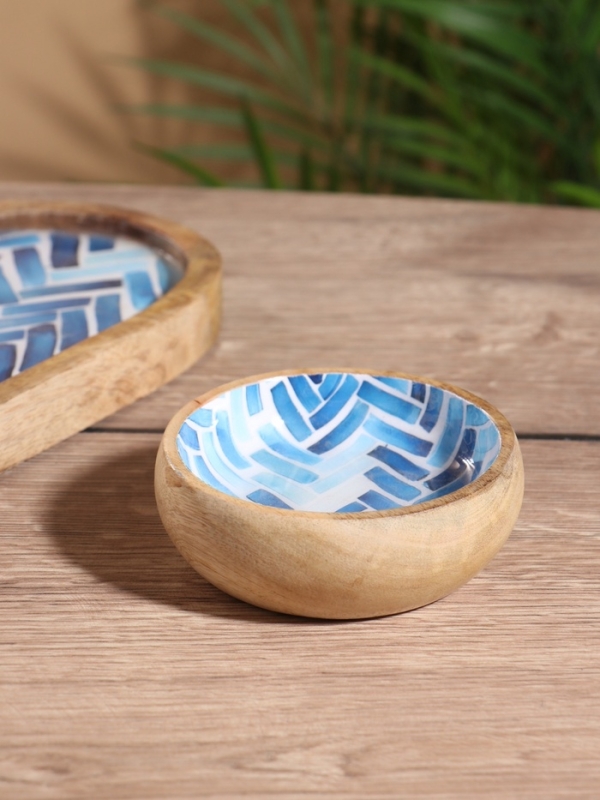 Набор розеток на подносе "Синие птицы" (3 шт) дерево манго 33,5х13х6,5 см