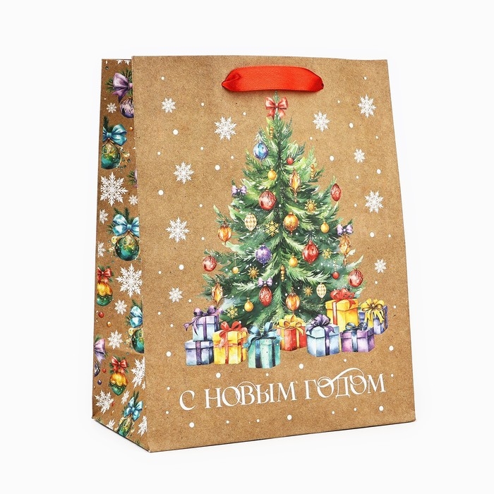 Пакет подарочный новогодний крафтовый вертикальный &laquo;С Новым годом&raquo;, ёлка, MS 18 х 23 х 10 см, Новый год