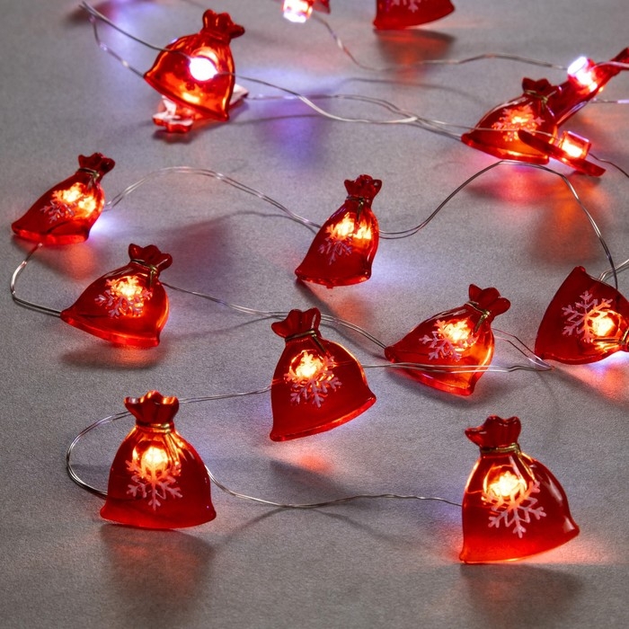 Гирлянда &laquo;Нить&raquo; 2 м роса с насадками &laquo;Мешок с подарками&raquo;, IP20, серебристая нить, 20 LED, 2 режима, батарейки ААх2 (нет в комплекте), свечение белое