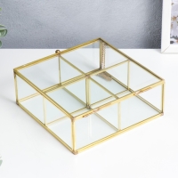 Шкатулка стекло с металлическим каркасом с делениями"Квадрат с гранями"  7х16х16 см