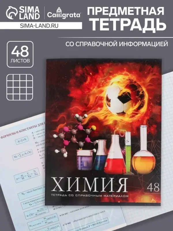 Тетрадь предметная 48 листов в клетку Calligrata, &laquo;Футбол. Химия&raquo;, обложка мелованный картон