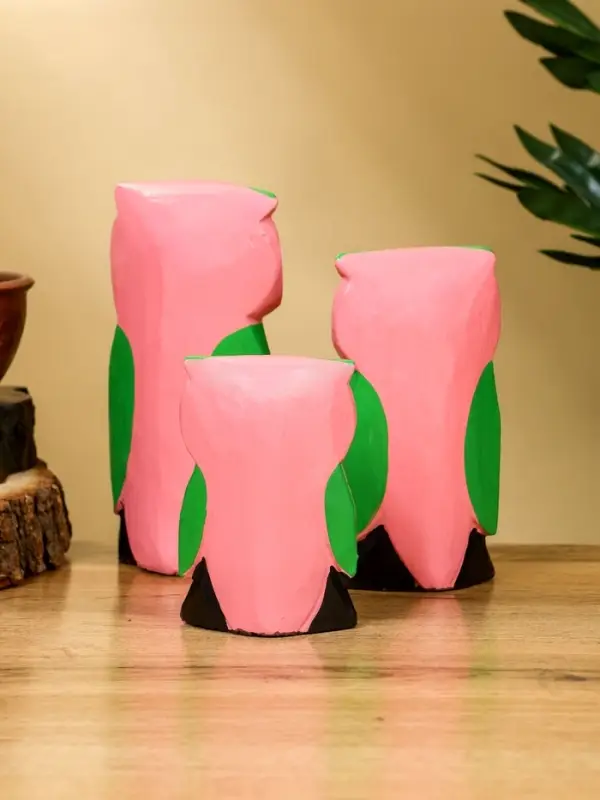 Набор сувенирный &laquo;Совята с сердечком&raquo;, h=15 см, h=13 см, h=10 см, дерево, розово-зелёный