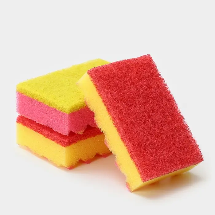 Губка для посуды с чистящим слоем PRIDE, 3 шт, 100&times;65&times;30 мм, МИКС