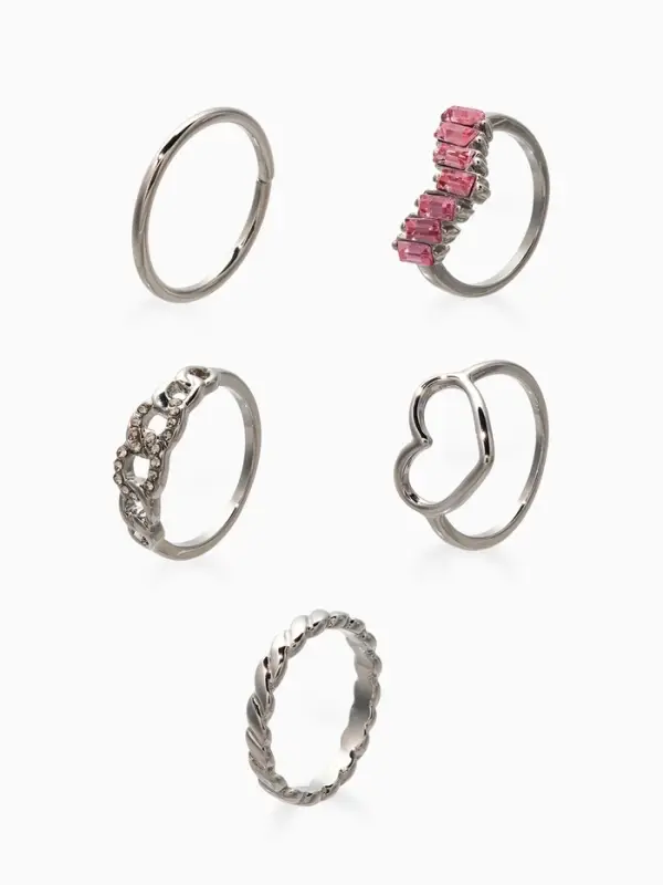 Набор колец 5 шт "Новый стиль" сердца,бесконечность, р-р МИКС, цвет бело-розовый в серебре   1093709