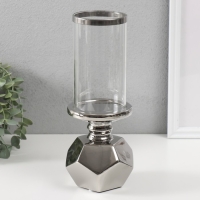 Подсвечник керамика, стекло на 1 свечу "Грани" d=7,5 см серебро 10,5х10,5х27 см