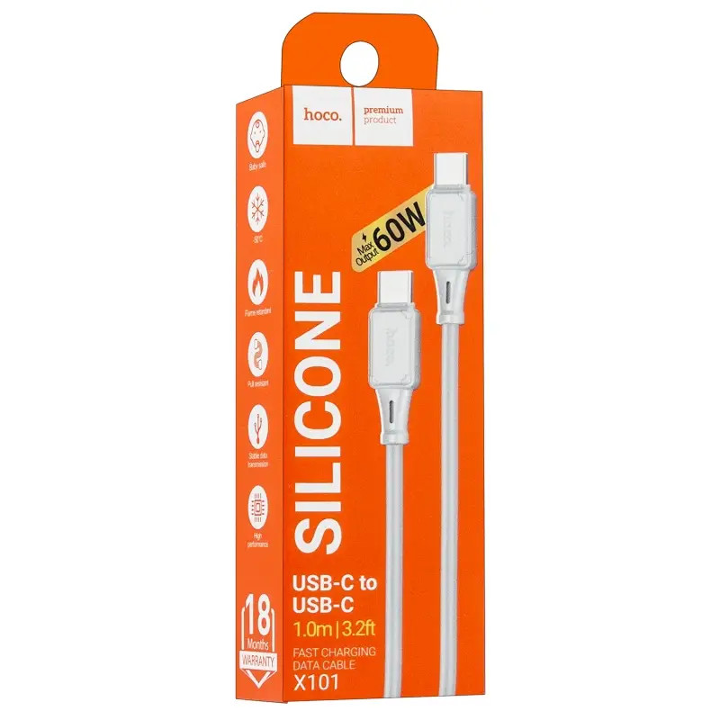 Кабель X101 Type-C на Type-C 1M 3A 60W HOCO серый