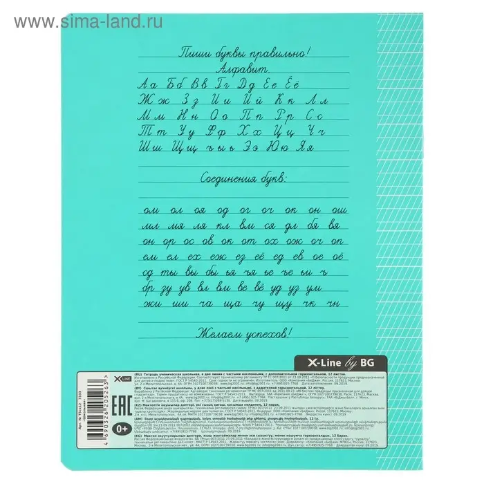 Тетрадь 12 листов в частую косую линейку, с дополнительной горизонтальной линией, МИКС
