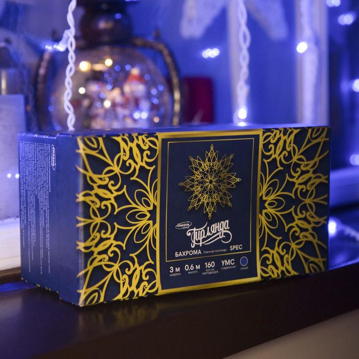 Гирлянда &laquo;Бахрома&raquo; 3 &times; 0.6 м, IP44, УМС, белая нить, 160 LED, свечение синее, 220 В