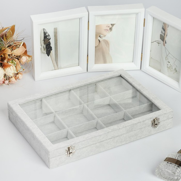 Подставка для украшений &laquo;Шкатулка&raquo; 12 ячеек, 35&times;24&times;4,5, стеклянная крышка, цвет серый