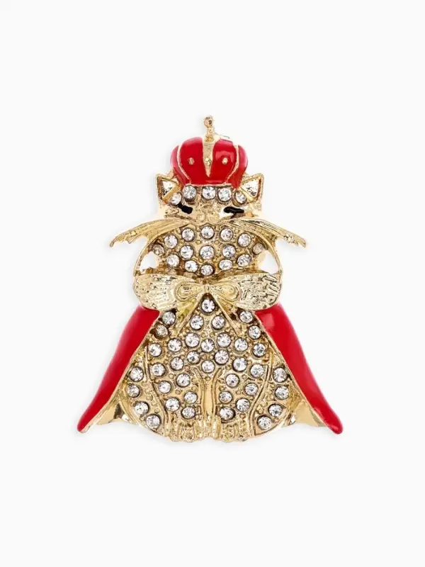 Брошь "Кошка Царица", цвет красно-белый в золоте