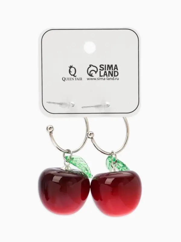 Серьги-кольца "Черешня с листочком", цвет бордовый в серебре