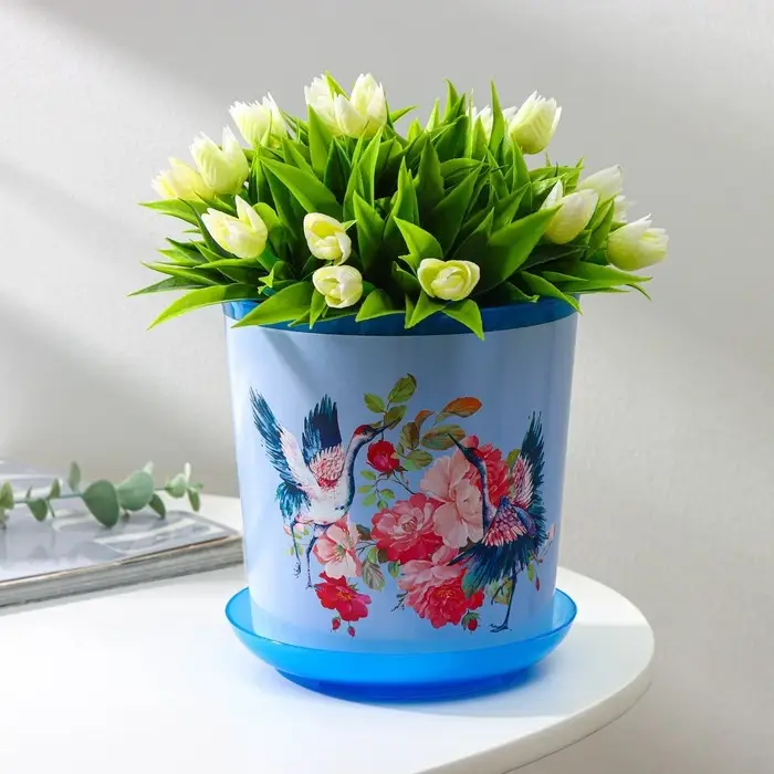Горшок для цветов с поддоном Доляна &laquo;Танец журавлей&raquo;, 1,6 л, d=14 см, h=15,5 см, цвет голубой