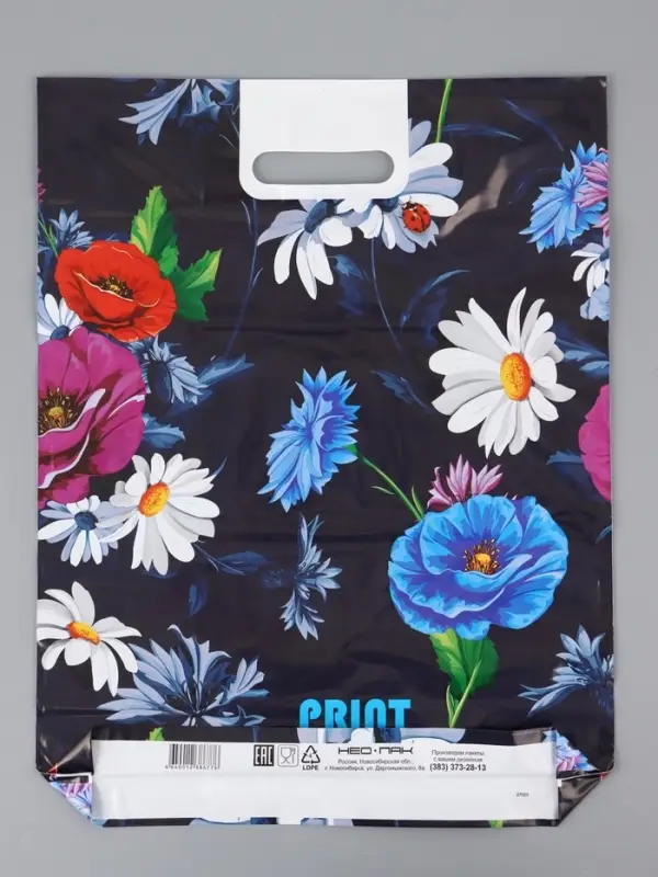 Пакет "Полевые цветы , полиэтиленовый с вырубной ручкой, 38х47 см, 60 мкм