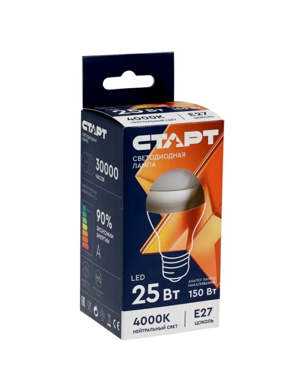 Лампа светодиодная СТАРТ, 20 Ватт, Е27, А60, 4000К, 1600 Лм, холодный (нейтральный) свет