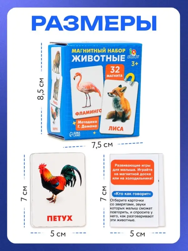 Магнитные карточки по методике Домана &laquo;Животные&raquo;, 32 карты, 3+