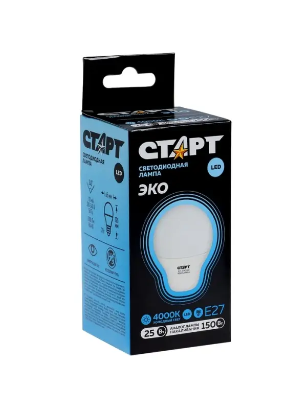 Лампа светодиодная СТАРТ, 20 Ватт, Е27, А60, 4000К, 1600 Лм, холодный (нейтральный) свет