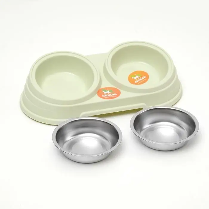 Миска металлическая двойная наклонная на пластиковом основании, 28,5 х 15 х 7 см, зелёная