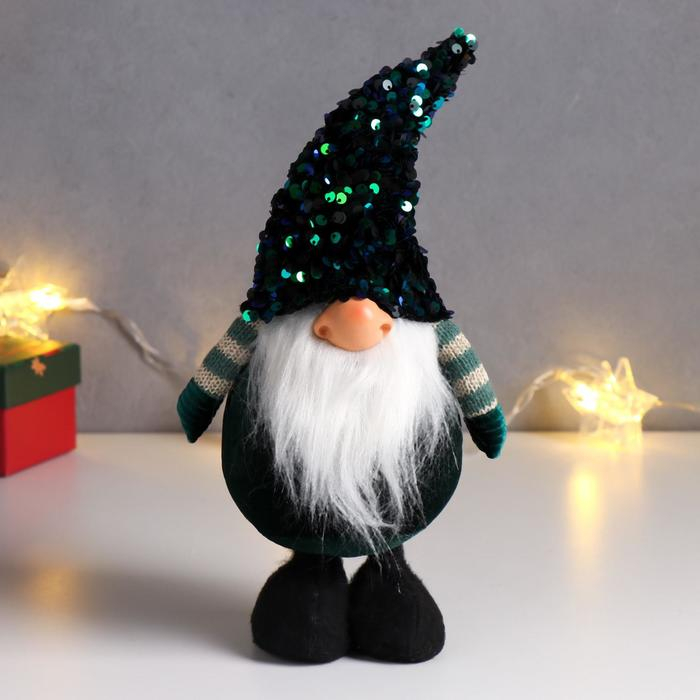 Кукла интерьерная "Дед Мороз в зелёном колпаке с пайетками" 33х9х14 см