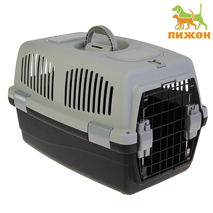 Переноска для животных с 2 люками и креплением для наплечного ремня 58х37х37, до 12 кг, серо-чёрная