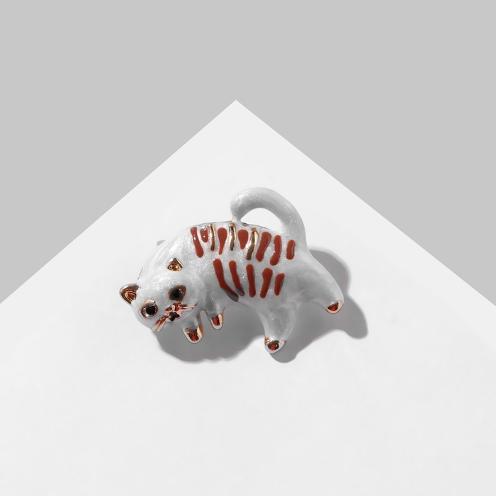 Брошь &laquo;Котик&raquo; полосатый, цвет бело-коричневый в золоте