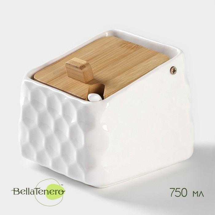 Банка для хранения сыпучих продуктов с ложкой BellaTenero, 750 мл, 14,5&times;11 см, с бамбуковой крышкой, фарфоровые, цвет белый