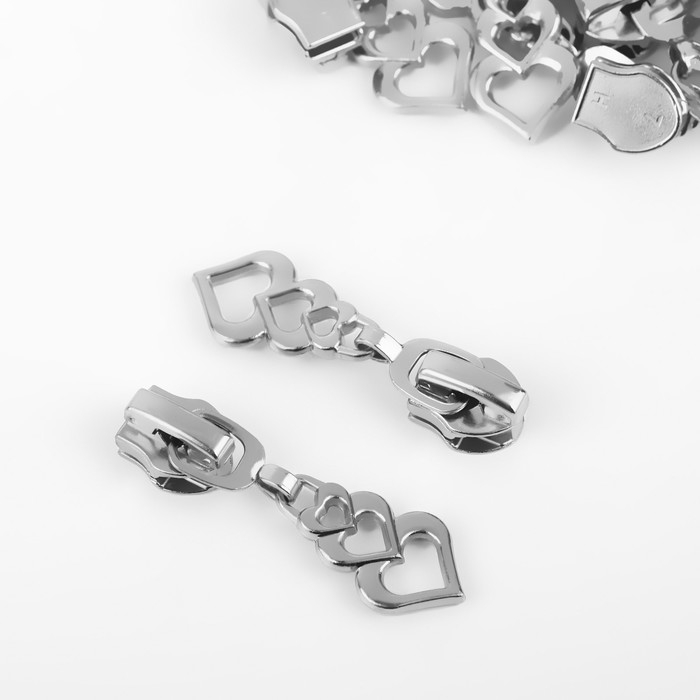 Бегунок автоматический для молнии &laquo;Спираль&raquo;, №7, декоративный &laquo;Сердца&raquo;, 10 шт, цвет никель