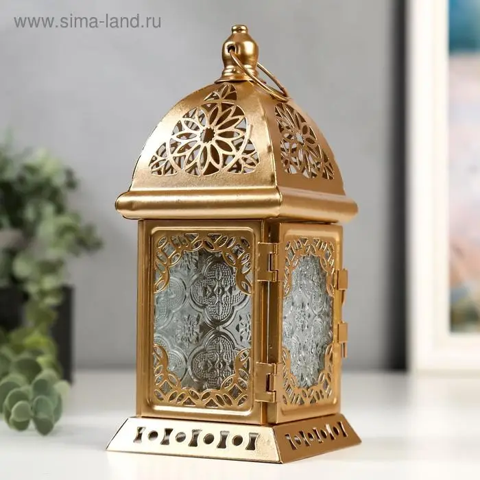 Подсвечник металл, стекло на 1 свечу "Фонарик. Сахара" золото 21,5х10х10 см