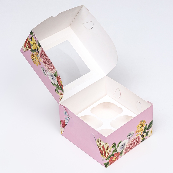 Коробка для 4 капкейков с окном , "Презент", 16 х 16 х 10 см