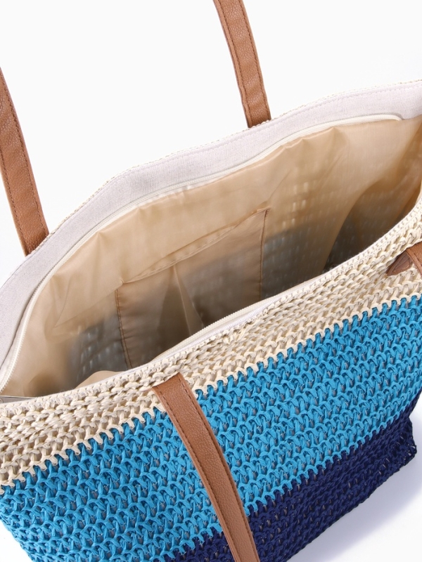 Сумка пляжная Полосы, 47*12*35, отд на молнии, подкладка, беж/синий