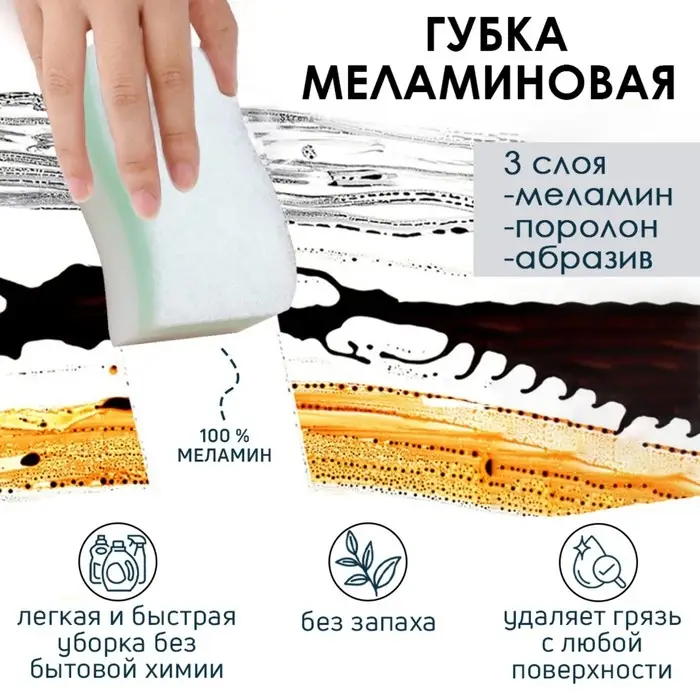 Губка меламиновая для удаления пятен &laquo;Тройной эффект&raquo;, 3 слоя: меламин, поролон, абразив, 11&times;7&times;3 см