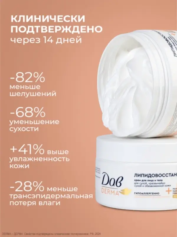 Крем для лица и тела гипоаллергенный "Дав" липидовосстанавливающий, 285 мл