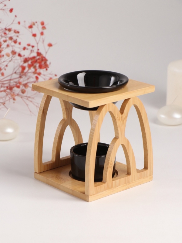 Аромалампа бамбук, керамика с подставкой под свечу "Узоры" чёрная 9,5х9,5х13,5 см