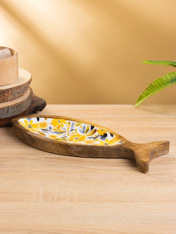 Блюдо в форме рыбки "Желтые и синие цветы" дерево манго 32х11,5х2 см