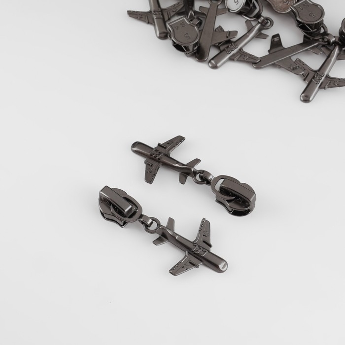 Бегунок автоматический для молнии &laquo;Спираль&raquo;, №5, декоративный &laquo;Самолёт&raquo;, цвет чёрный никель